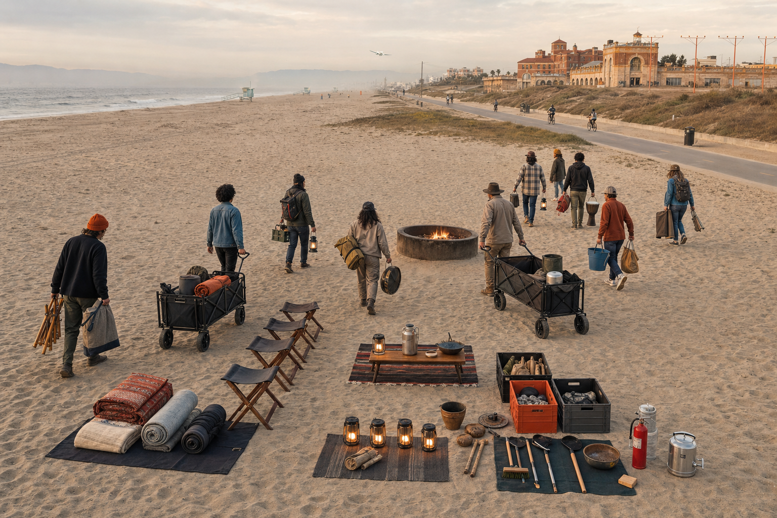 Ten portable non-food modules arrive by handcart at an existing beach fire ring.