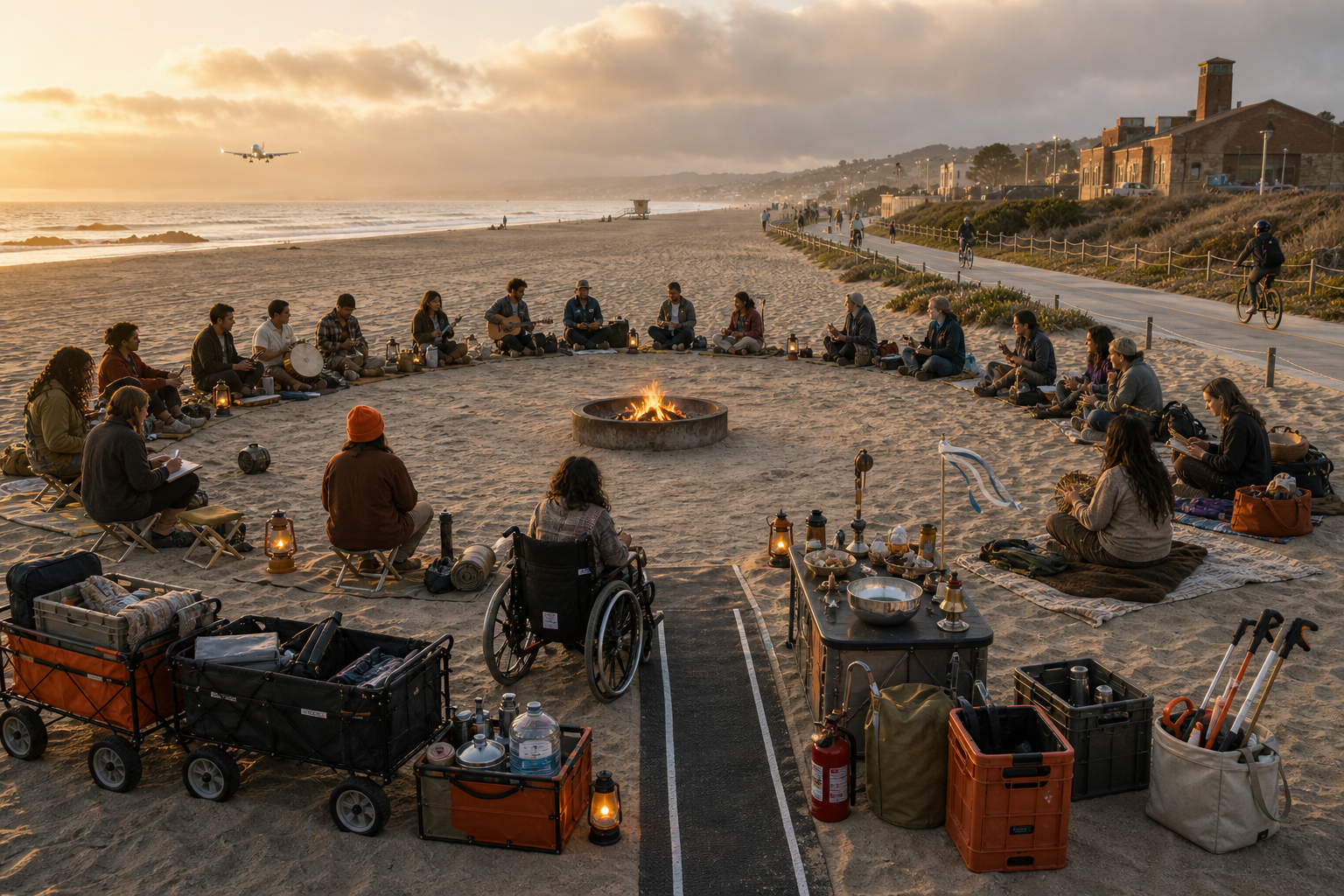 A conceptual low beach commons with people, stools, ground cloths, lanterns, wagons, and an official fire ring at golden hour