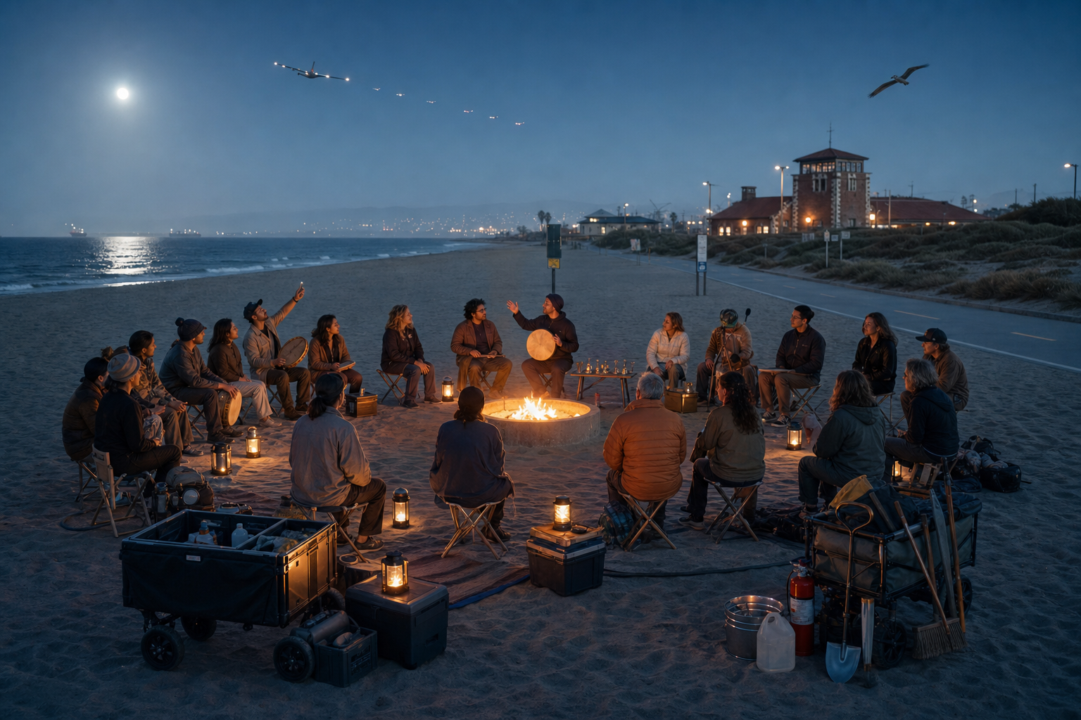 A blue-hour circle of adults playing quiet acoustic instruments around an existing official fire ring, with moonlit ocean, aircraft lights, low lanterns, safety tools, wagons, and open habitat.