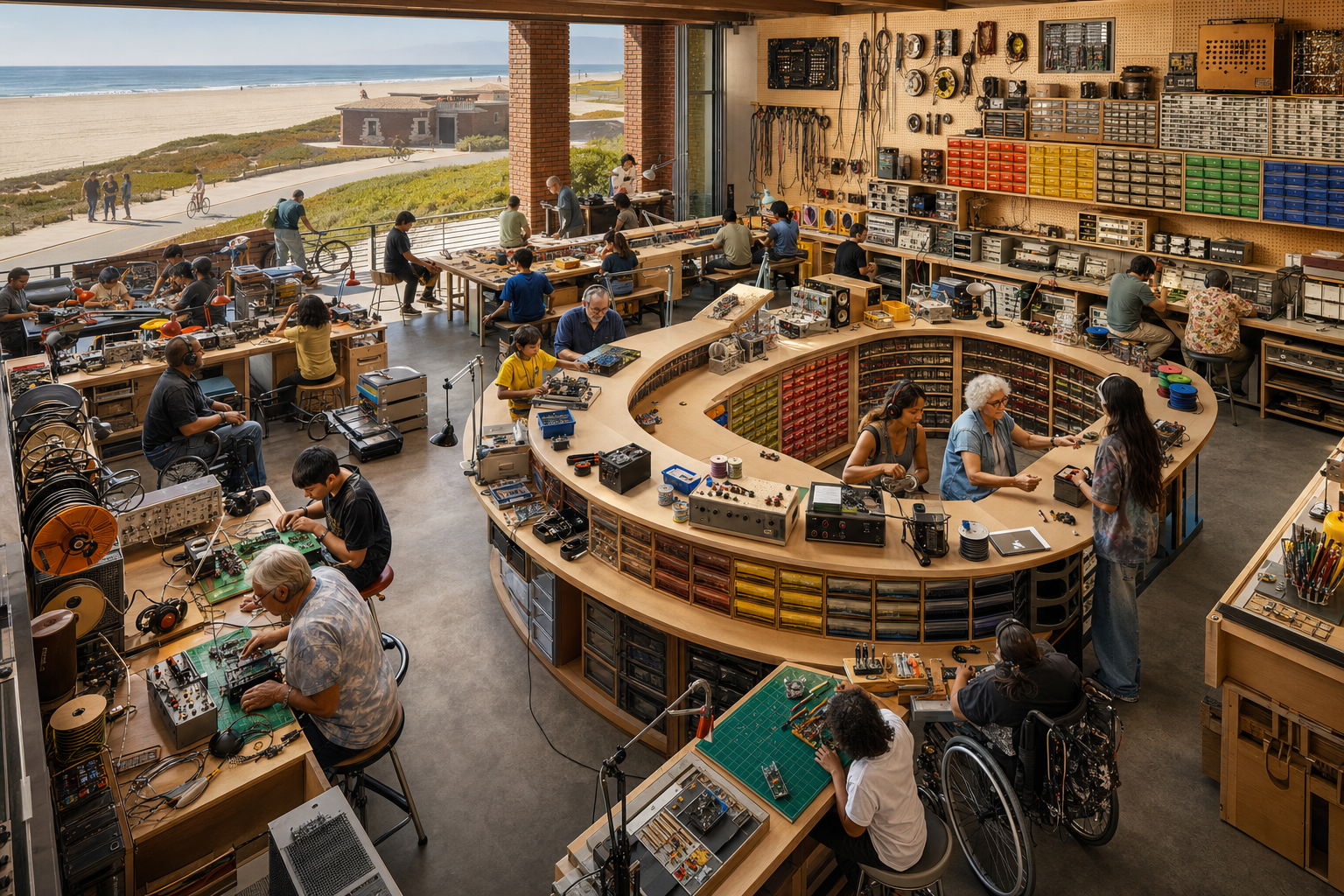 A public coastal electronics parts counter supports group building and repair.