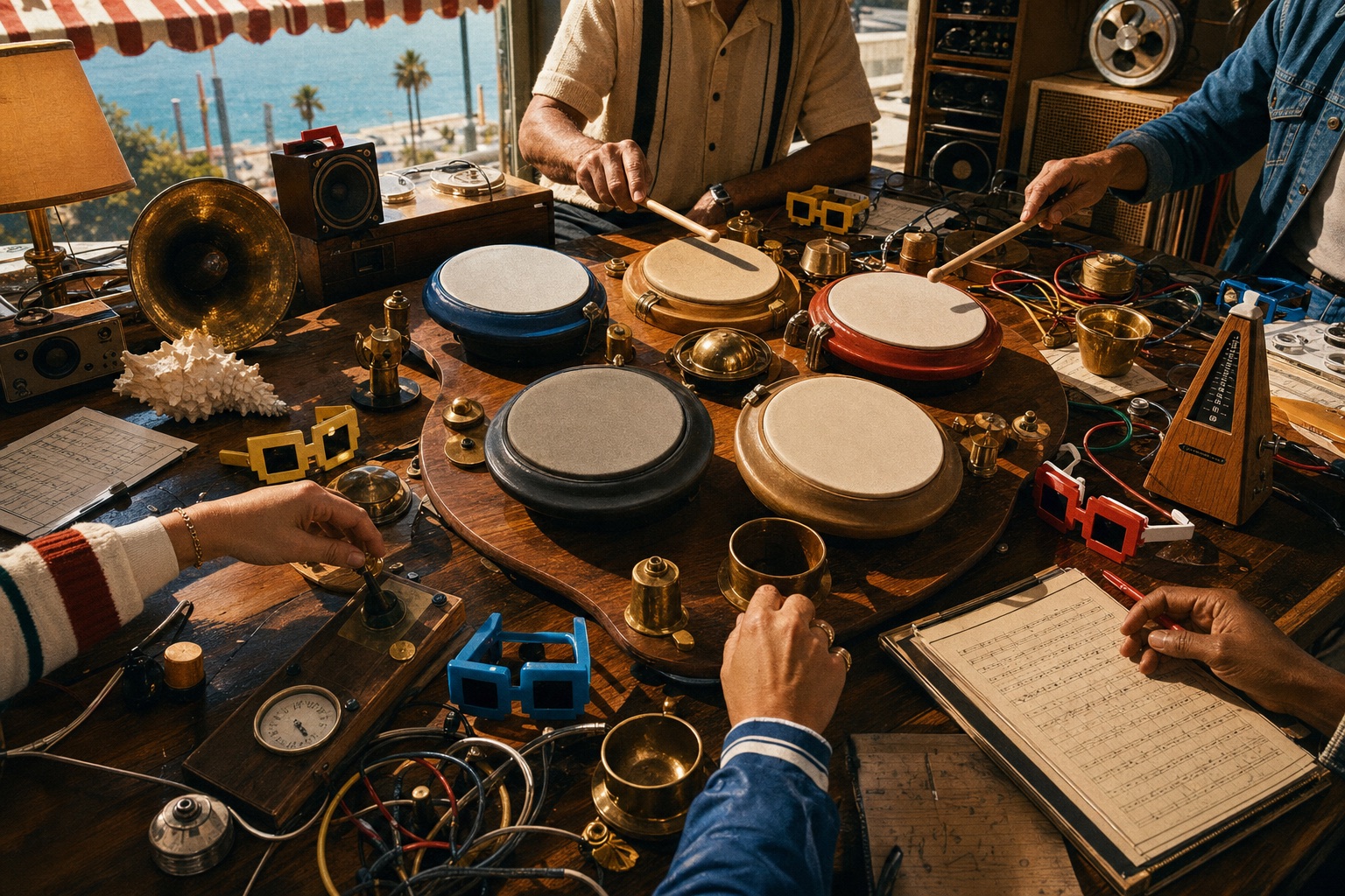 A sunlit communal drum table covered with five sculptural pads, brass bells, tape machines, metronomes, score sheets, and colorful Nouns-style pixel glasses.
