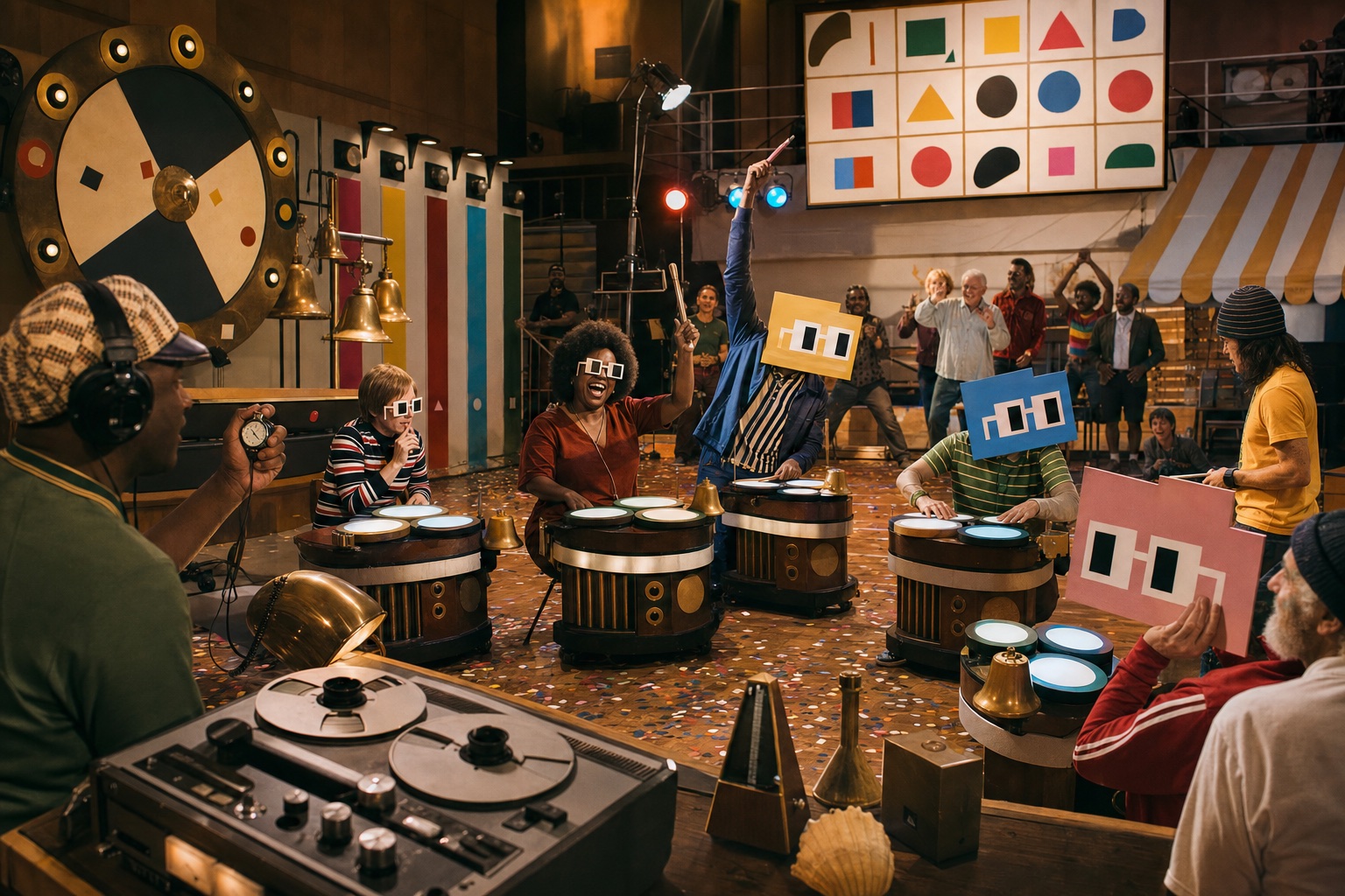 A joyful after-hours civic-hall drum tournament with a mixed-age crowd, Nouns-style players, luminous percussion stations, bells, an analog wheel, and abstract bingo shapes.