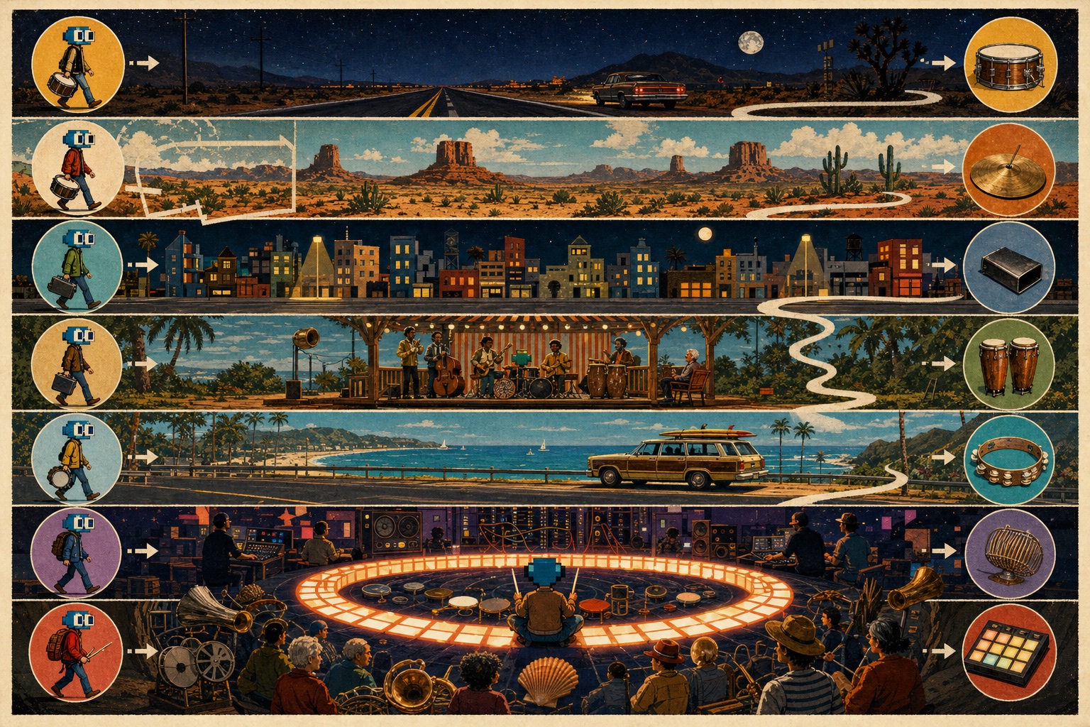 A vintage screenprint-style panorama in which one Nouns-style drummer crosses seven connected road, desert, city, bandstand, coast, arena, and loop-siege worlds.