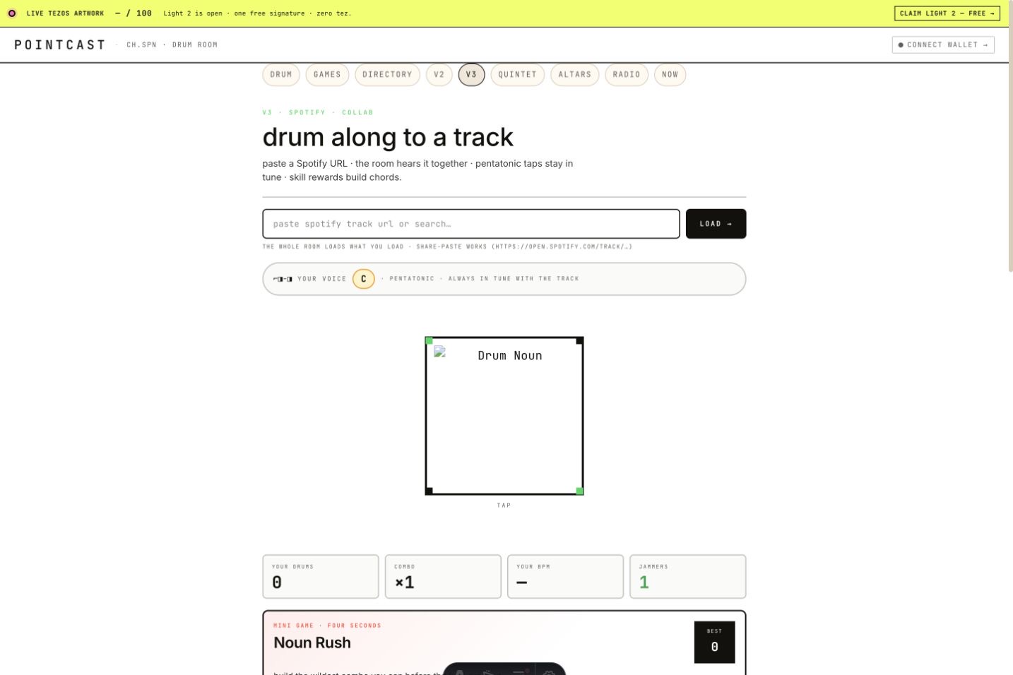 Noun Rush inside Drum v3 browser game screen on PointCast.