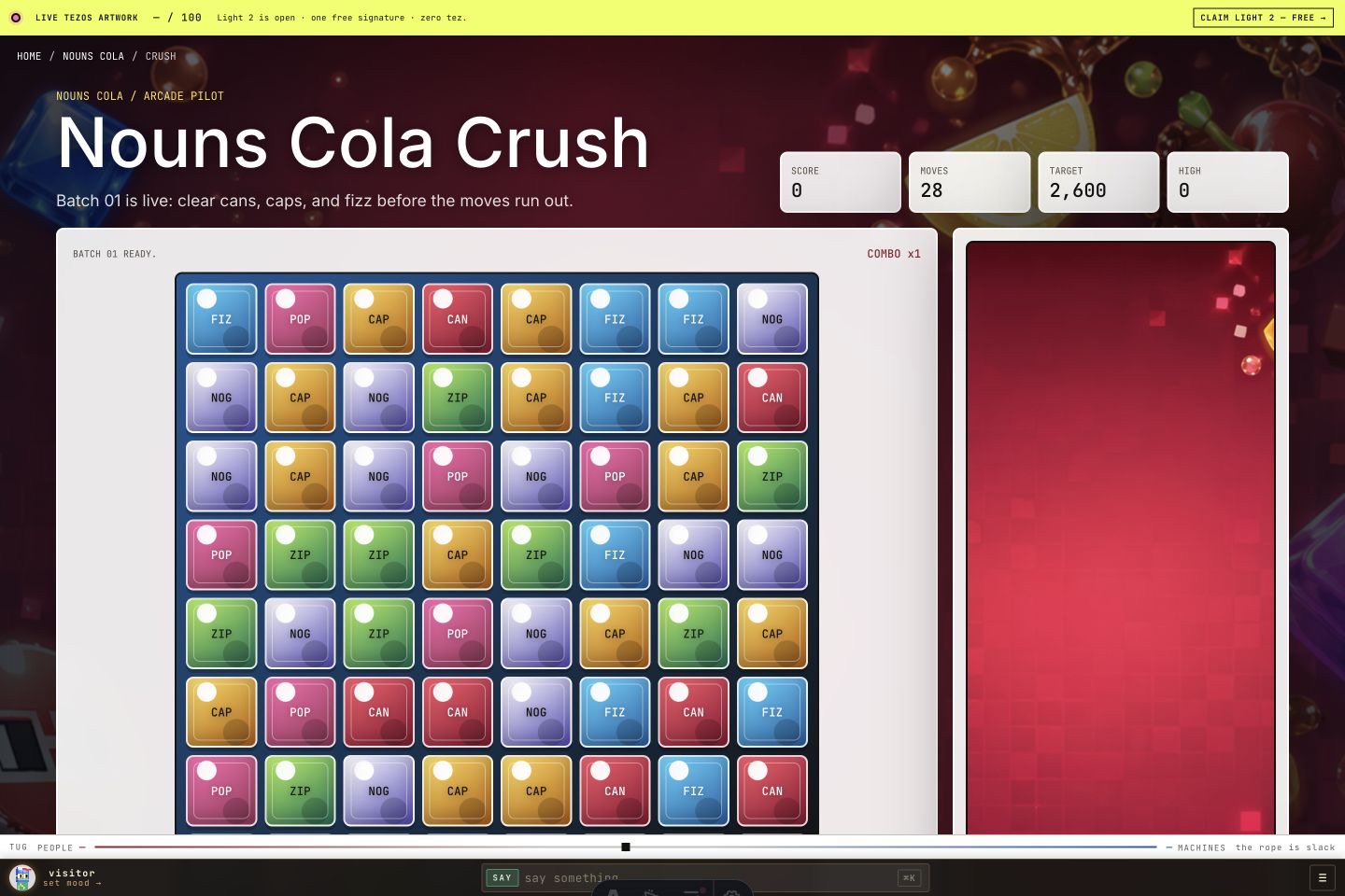 Nouns Cola Crush browser game screen on PointCast.