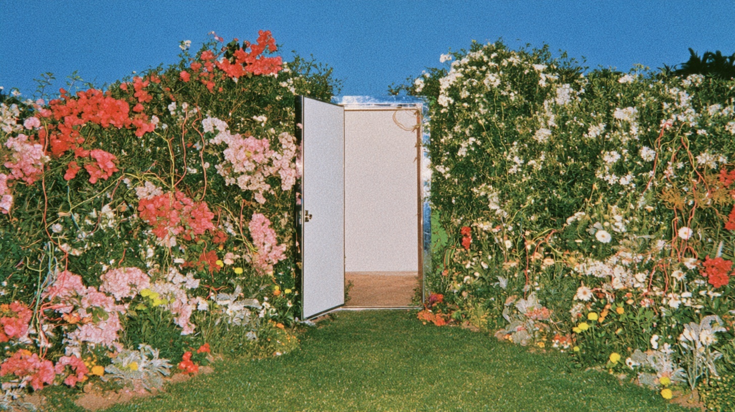 A chrome door opens from a dense pink and white garden toward a pale horizon