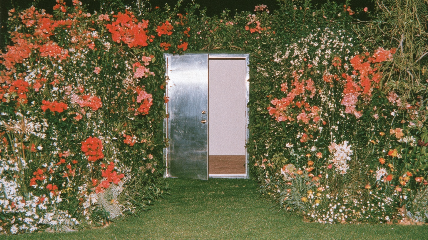 A mirrored door stands inside a saturated wall of scarlet, pink, and white flowers