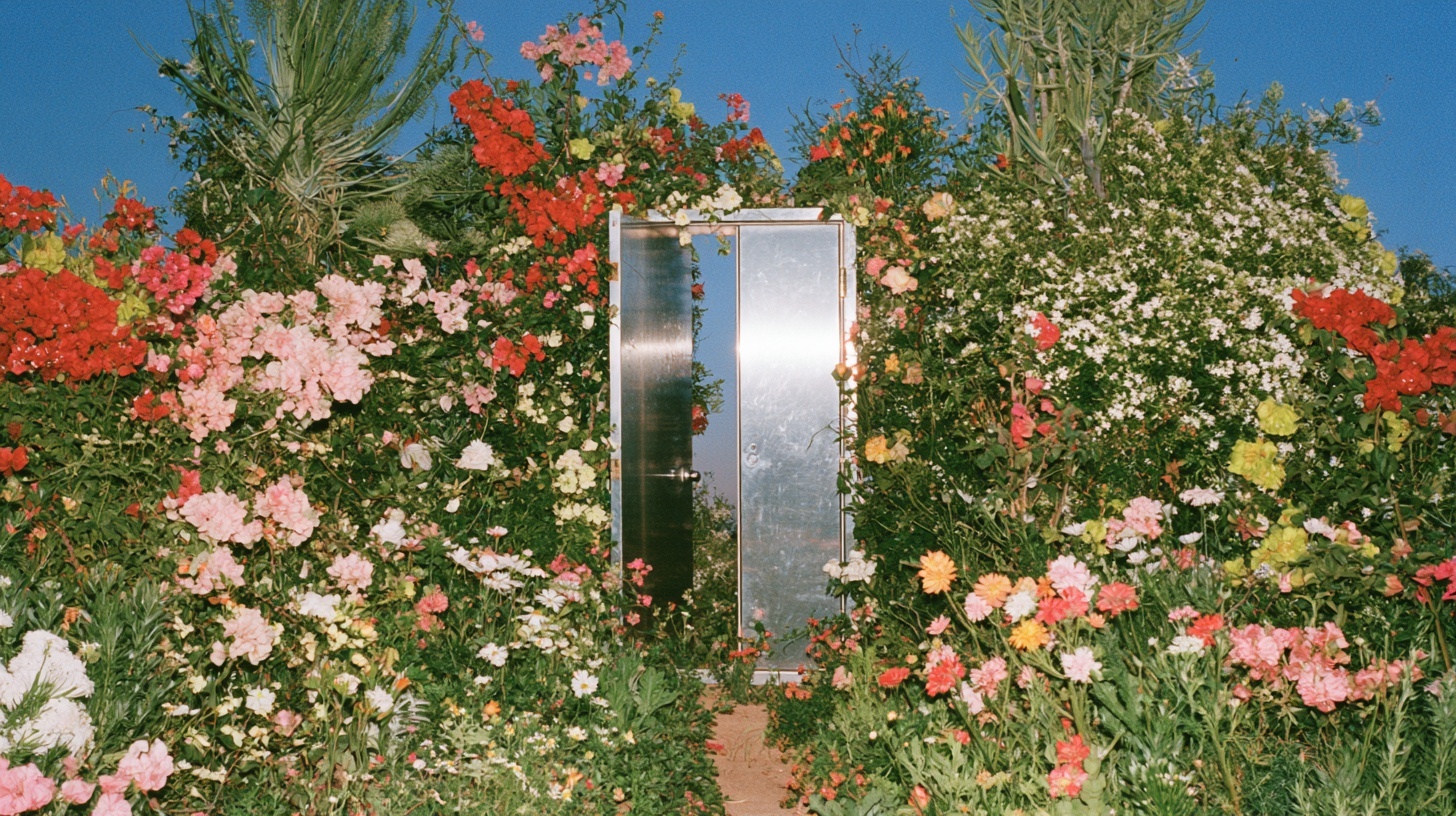 A bright chrome doorway rises from a lush California garden under a hard blue sky