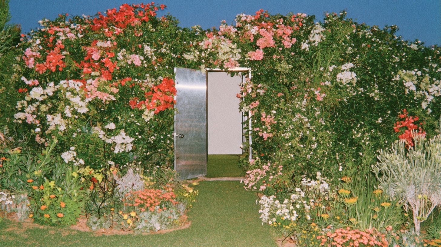 A silver garden door reveals a narrow green path through abundant summer flowers