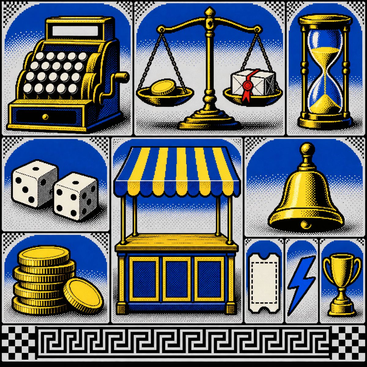Specimen sheet of a market stall: cash register, balance scale, hourglass, dice, trophy