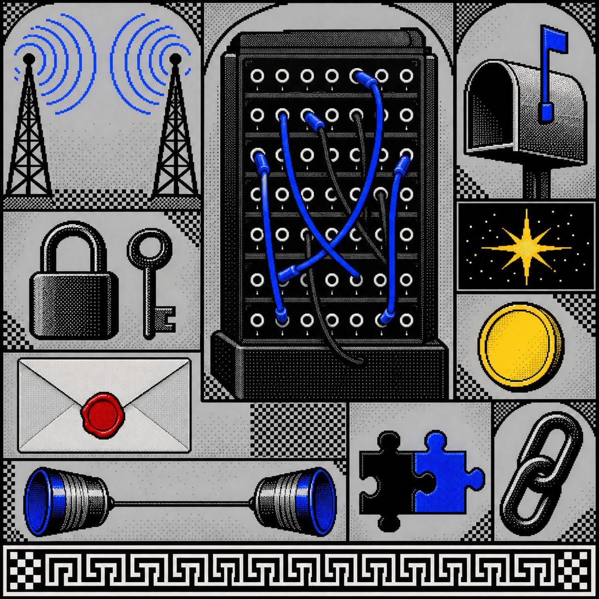 A pixel-dithered specimen sheet about connections: an old telephone switchboard with crossing patch cables, two radio towers sending rings toward each other, tin-can phones on a string, a padlock and key, a wax-sealed envelope, a mailbox with its flag up, two puzzle pieces clicked together, a coin and a chain link.