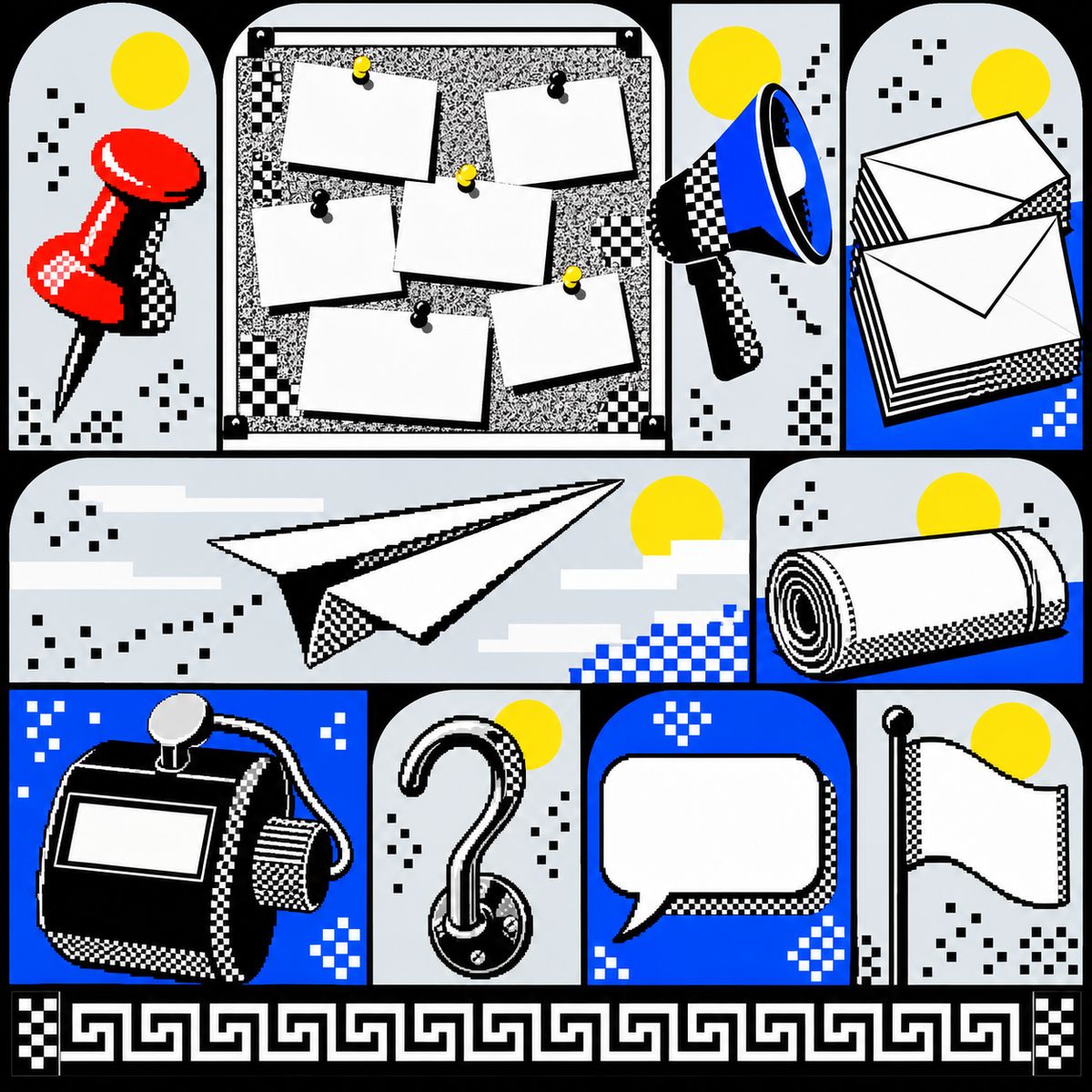 Specimen sheet of a request board: pinned cards, a push pin, a megaphone, envelopes