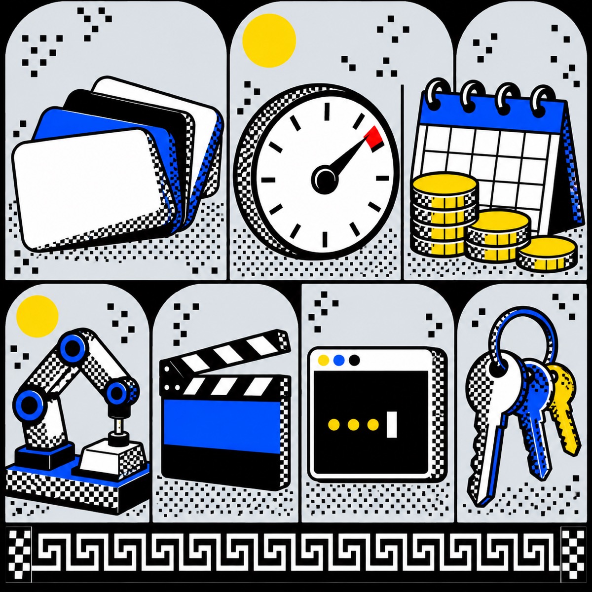 Specimen sheet: membership cards, a usage gauge, coins, a robot arm, a clapperboard, a terminal and keys