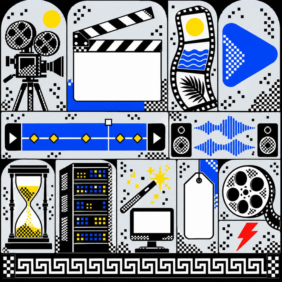 A pixel-dithered specimen sheet in black, cobalt and yellow: a vintage movie camera on a tripod, a blank clapperboard, a film strip with a sun, a wave and a palm leaf, a play button, a timeline with diamond keyframes, a stereo waveform between two speakers, an hourglass, a server rack, a magic wand over a monitor, a price tag, a film reel and a red lightning bolt.