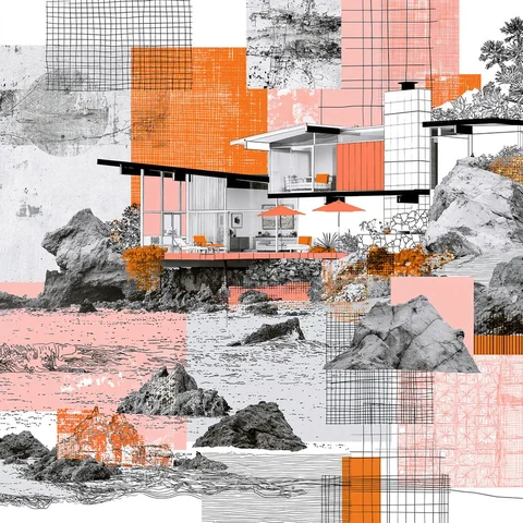 Sketchbook house collaged in graphite and coral — Midjourney source reference