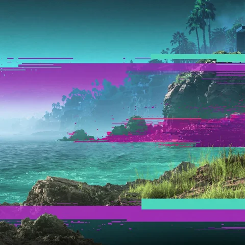 Teal and magenta cliff glitching into night — Midjourney source reference