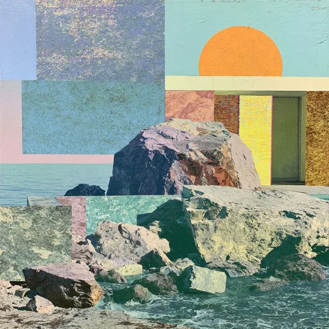 Orange sun disk over a collaged afternoon sea — Midjourney source reference