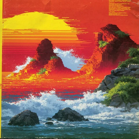 Red blazing wave breaking under a risograph sunrise — Midjourney source reference