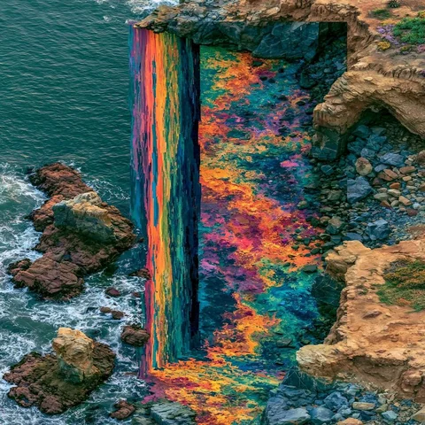 Iridescent doorway opening in wet coastal rock — Midjourney source reference