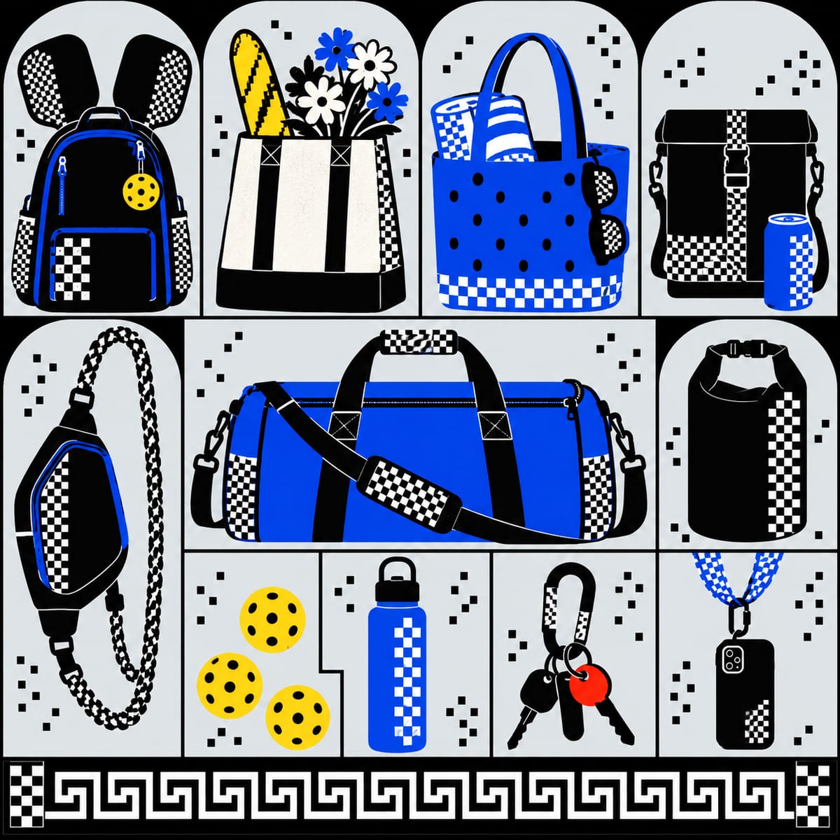A pixel-dithered specimen sheet of bags in black, cobalt and yellow: a pickleball backpack with two paddle handles, a canvas grocery tote with a baguette and flowers, a holey beach tote, a soft cooler with a can, a rope-strap sling, a duffel, a roll-top dry bag, pickleballs, a water bottle, keys on a carabiner, and a phone on a lanyard.