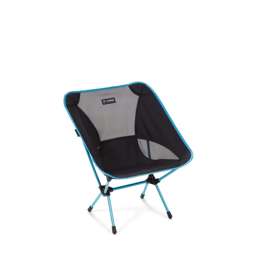 Black Helinox Chair One with mesh panels on a blue aluminum frame