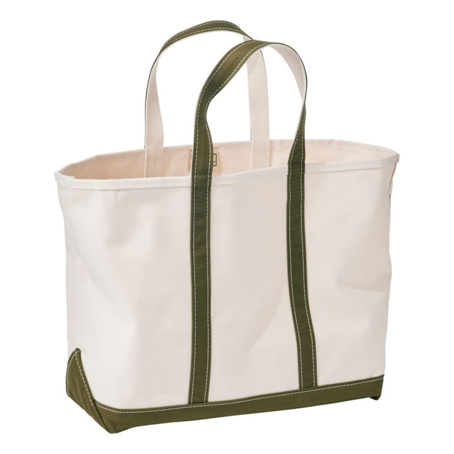 Natural canvas L.L.Bean Boat and Tote with olive-green handles and base trim