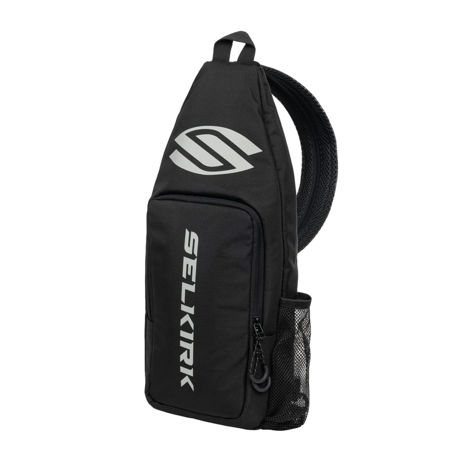 Black Selkirk Core Line sling bag with a single shoulder strap and side mesh bottle pocket