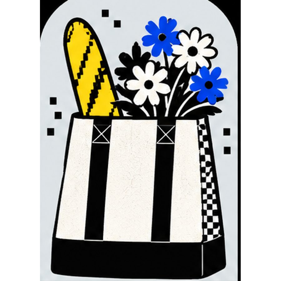 Illustration of a striped canvas grocery tote with a baguette and flowers, standing in for the Trader Joe’s bag
