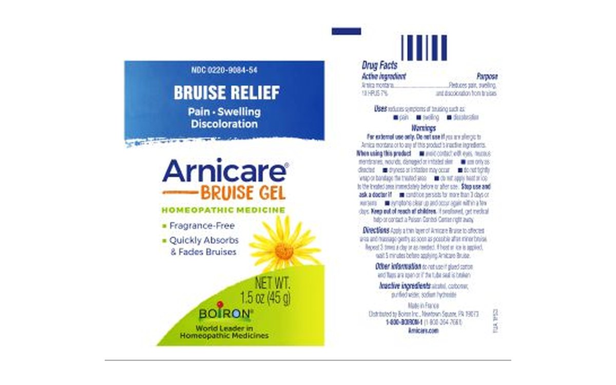 Label image of Arnicare Bruise Gel: blue and white carton panel with a yellow arnica flower and a Drug Facts column