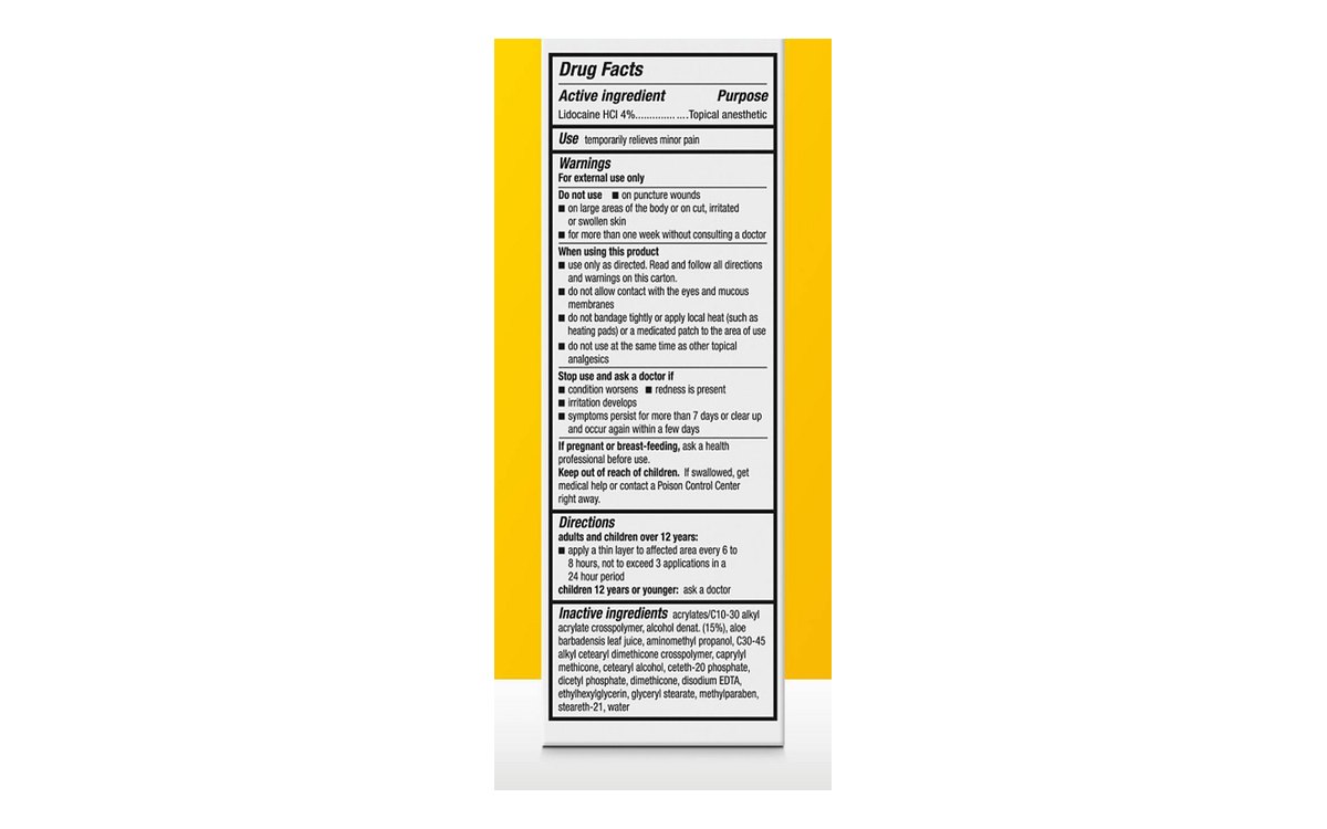 Side panel of an Aspercreme Lidocaine box: the Drug Facts listing lidocaine HCl 4% as a topical anesthetic