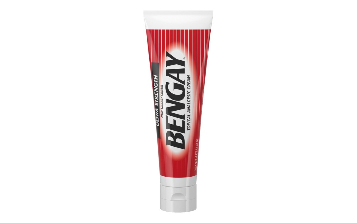 Bengay Ultra Strength tube on white: a red and white tube standing cap-down