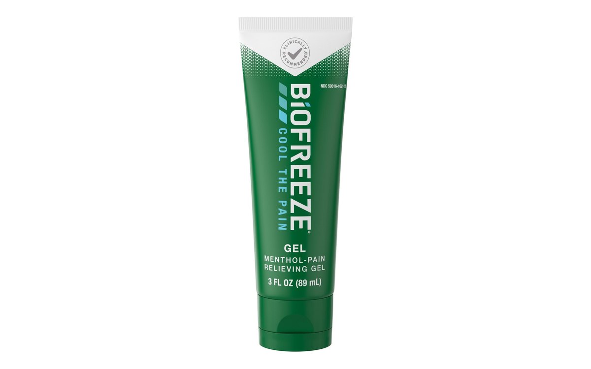 Biofreeze gel tube on white: a green tube with white lettering standing cap-down