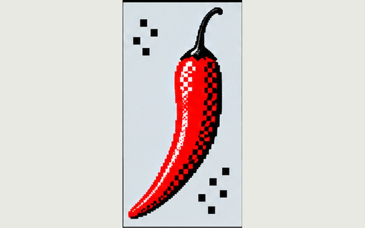 Illustration: a single pixel-dithered red chili pepper on a grey tile