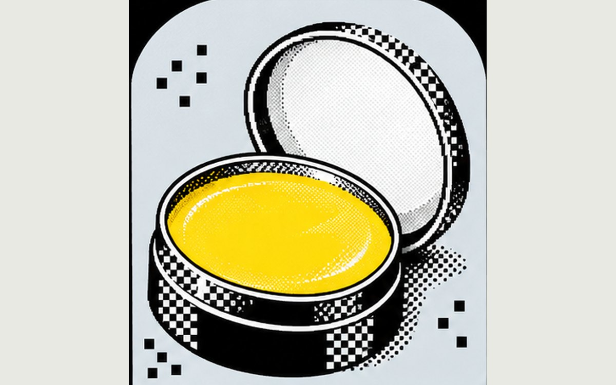 Illustration: a pixel-dithered round balm tin with its lid open and yellow ointment inside