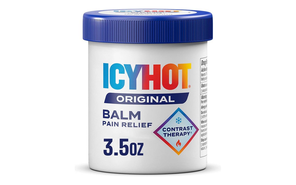 Icy Hot Original Balm jar on white: a white tub with a blue lid and red and blue lettering