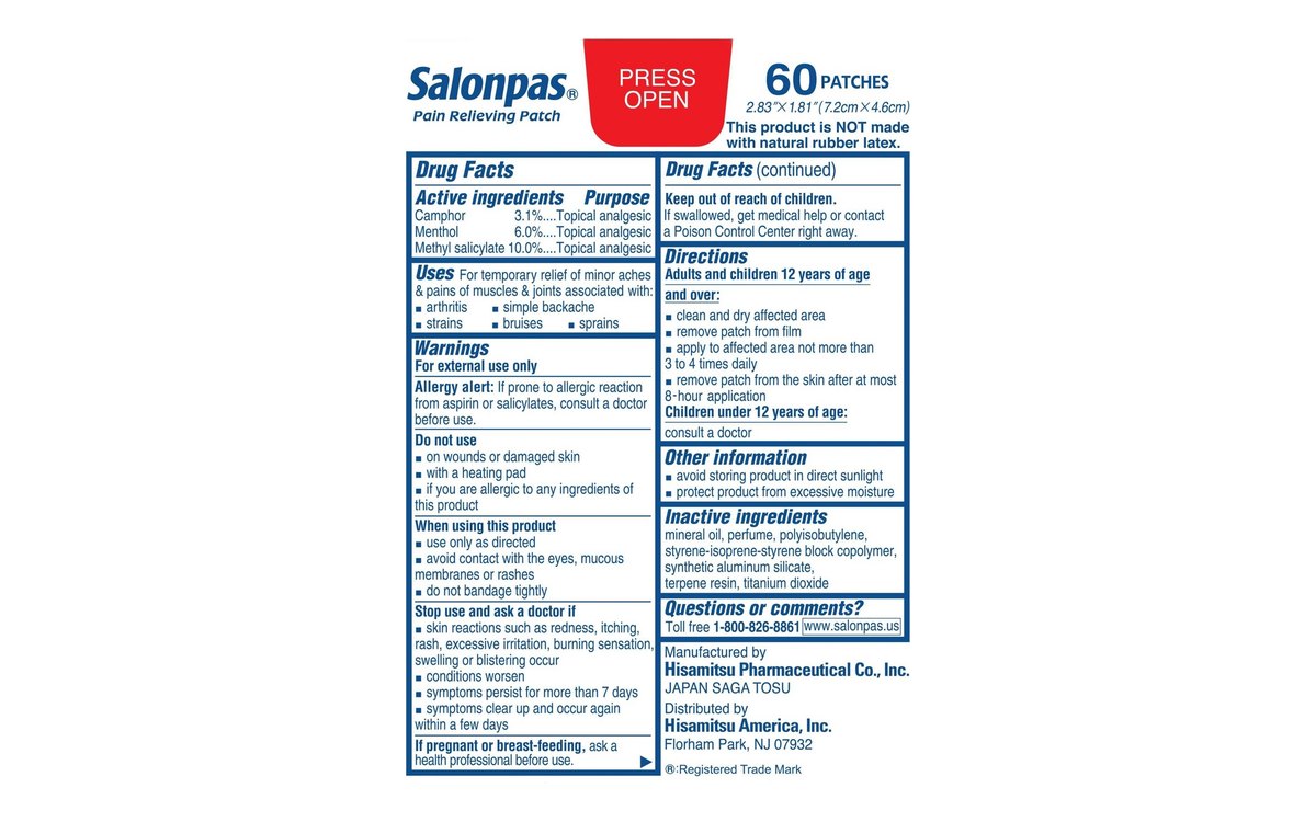 Back of a Salonpas 60-patch box: the blue-bordered Drug Facts panel listing camphor 3.1%, menthol 6.0% and methyl salicylate 10.0%