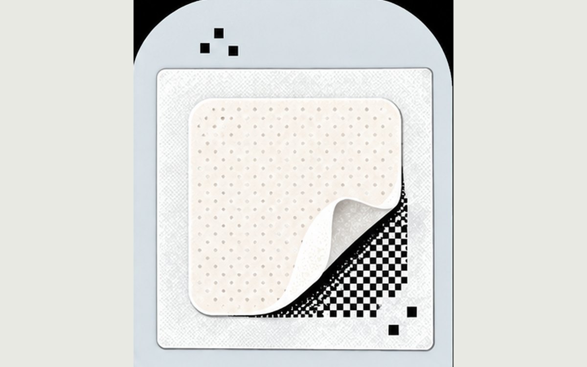Illustration: a square pixel-dithered medicated patch with one corner peeling from its backing