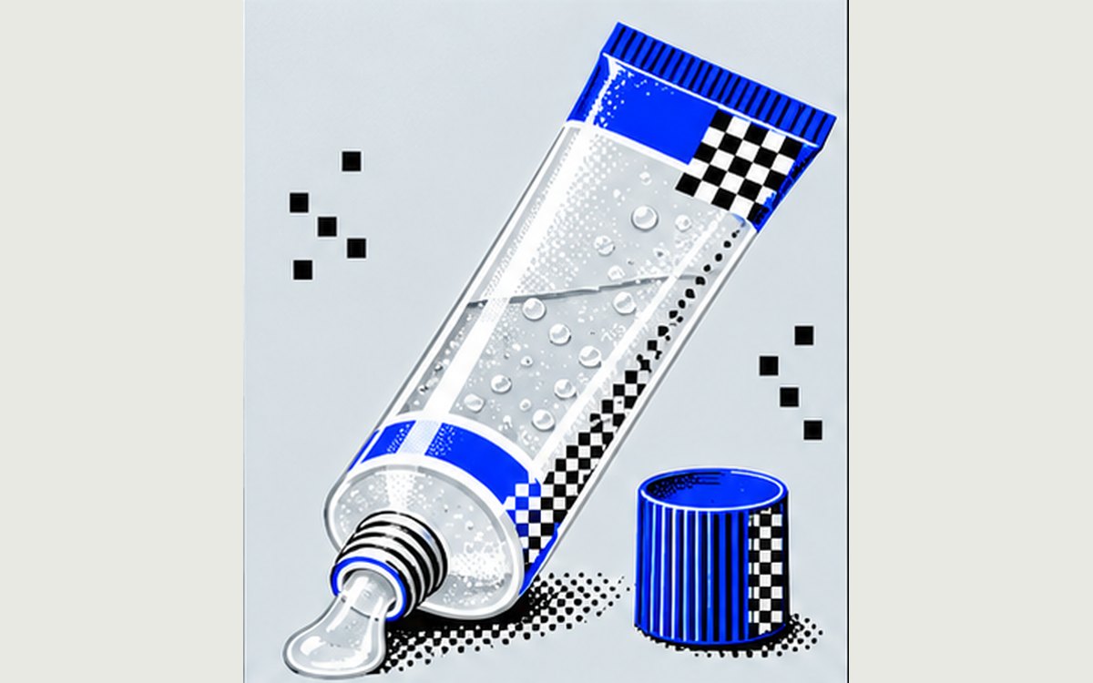 Illustration: a pixel-dithered tube of clear gel with its blue cap off