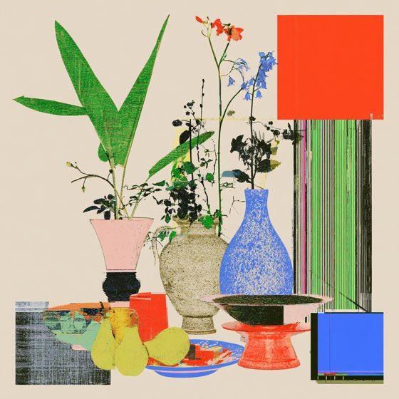 Cream still life, banana leaf and blue delphinium beside an orange square