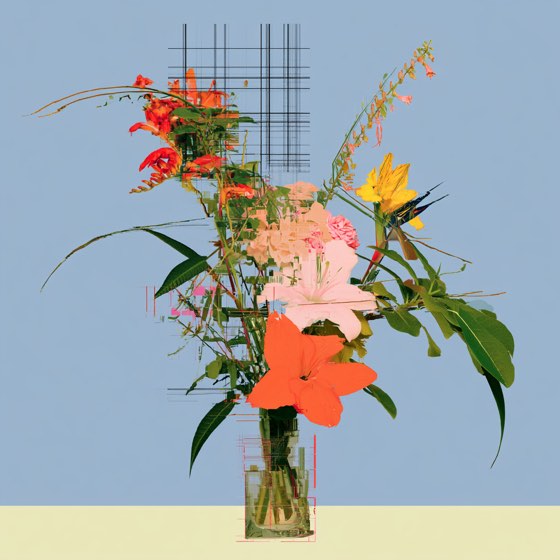 The same table, blooms shifted, glitch stripes at the edge