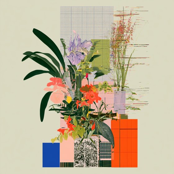 Sage ikebana, spider plant and red trumpet flowers over a printed grid