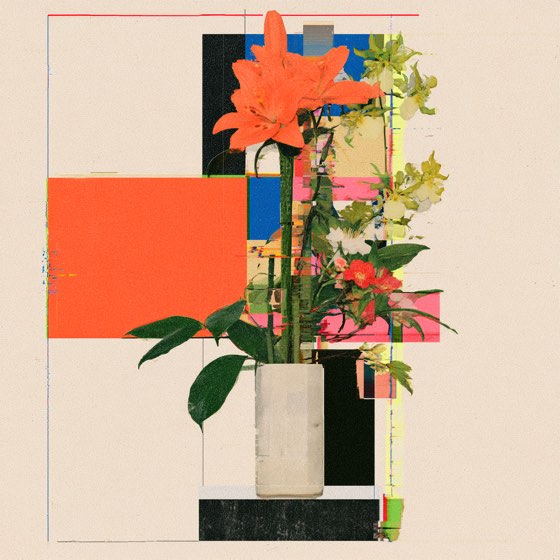The roses again, blue bar shifted, stems in a speckled vase