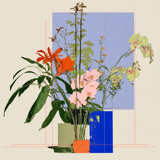 Lilies and pale orchids over a lavender panel