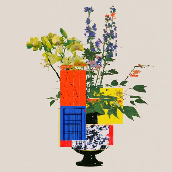 Yellow and violet stems in a primary-colour block vase