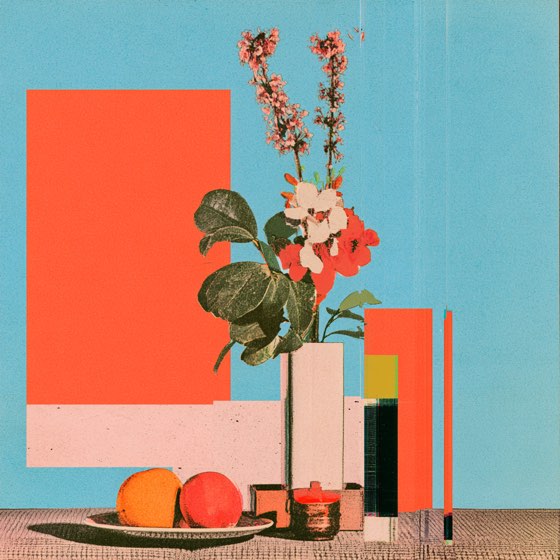 Sky-blue ground, cherry branch and geranium beside stacked fruit