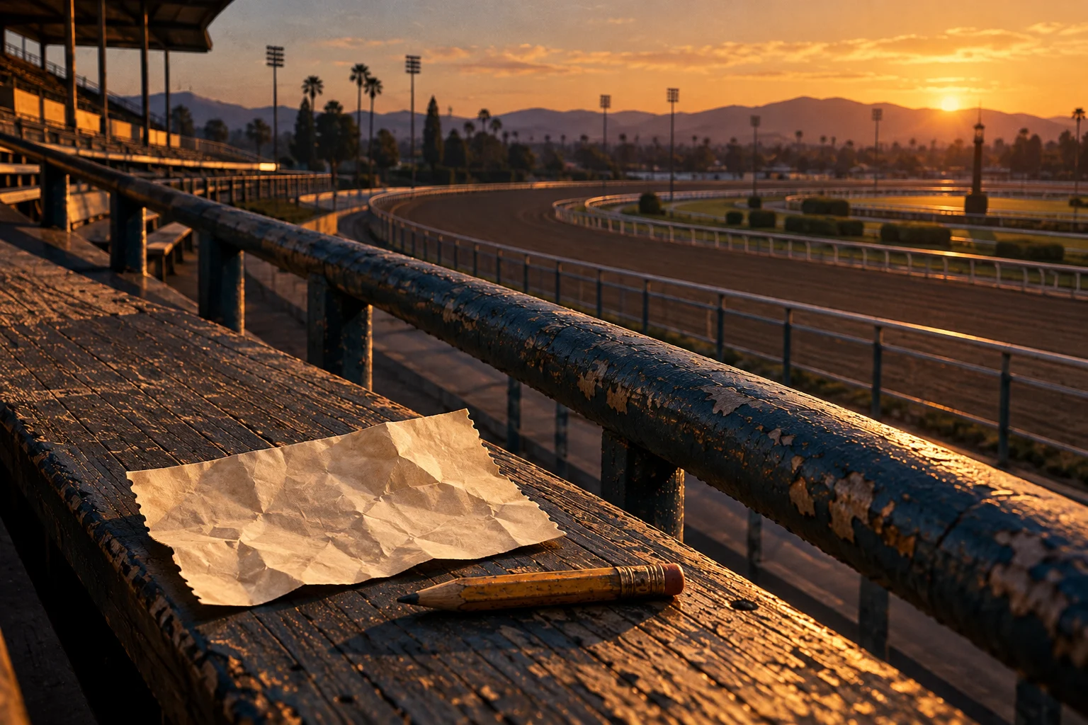 Fictional racetrack still life: a blank crumpled racing ticket and pencil beside an empty grandstand rail in late golden light.