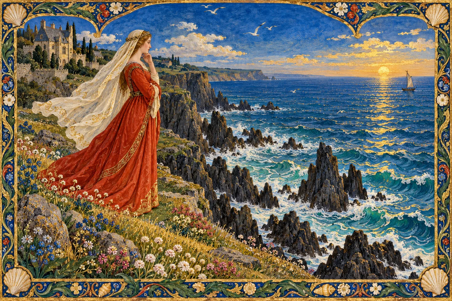Dorigen looks from a Breton coast toward the sea, with jagged rocks and an imagined clear horizon