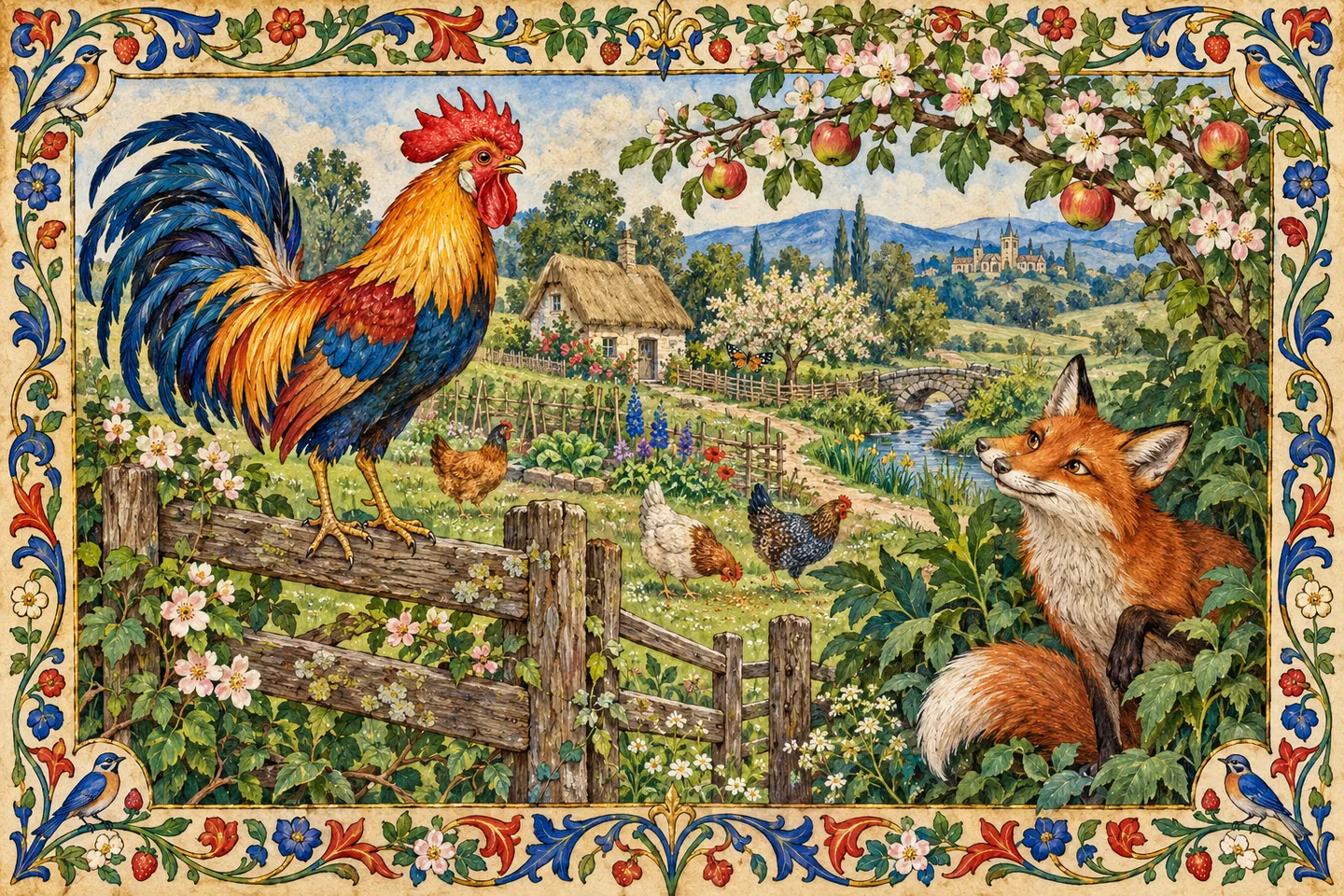 Chanticleer the rooster and a watchful fox in a vividly painted farmyard