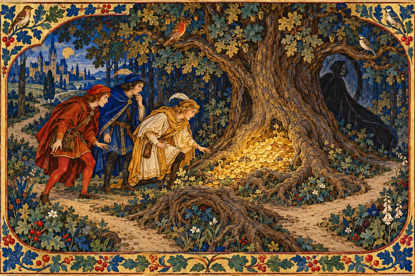 Three revelers approach gold beneath a great oak in an imagined forest; a shadow hints at danger