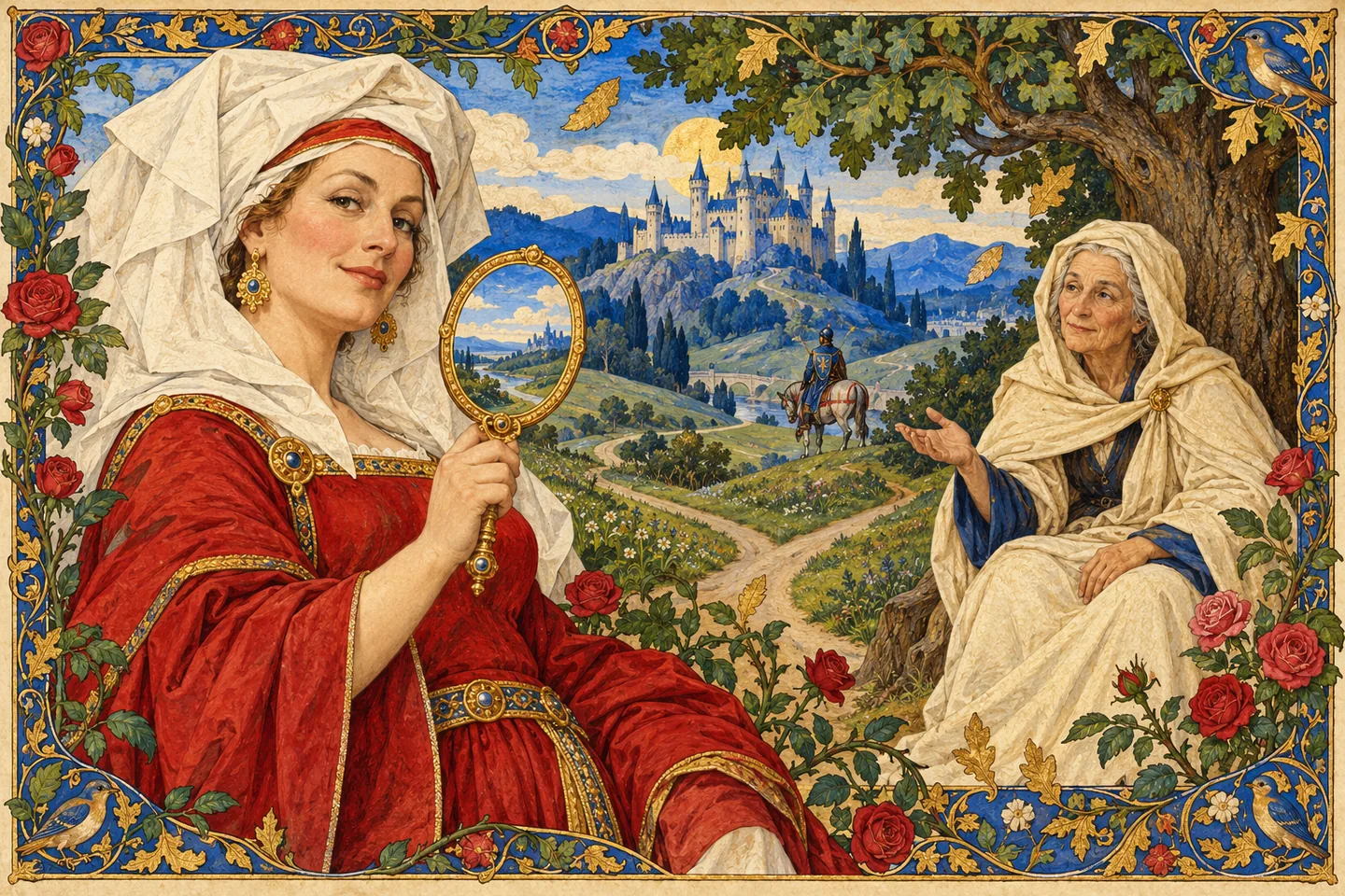 Symbolic scene combining the Wife of Bath as storyteller, a mirror, an Arthurian castle and an older wise woman